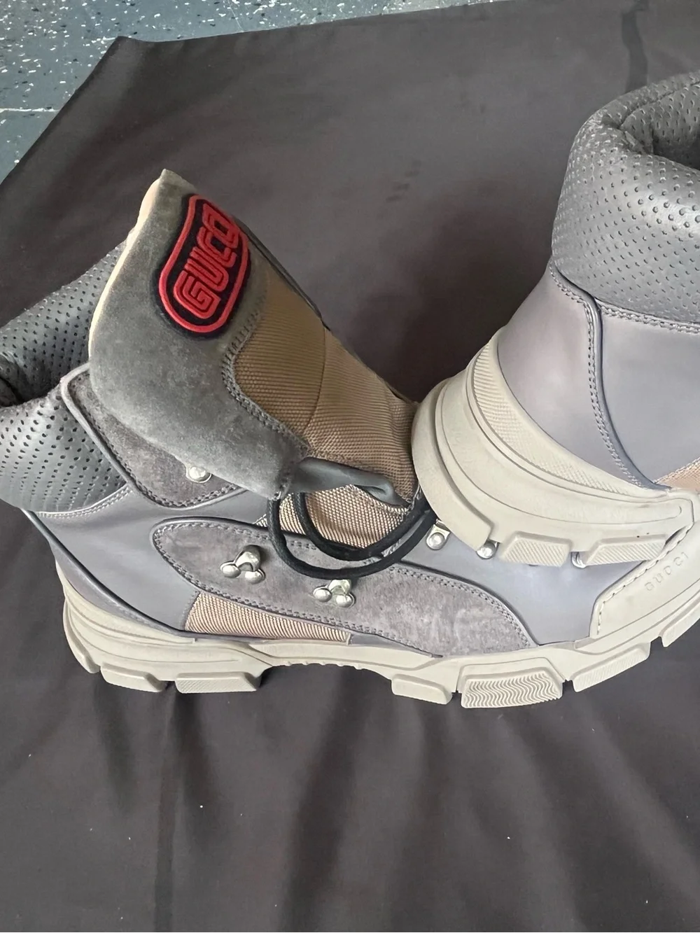 Gucci Men's Gray and Tan High-Top Hiking Boots with Red Logo